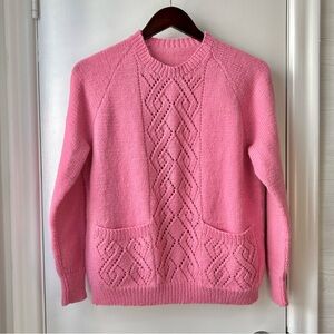 Handknit Thick Boxy Sweater w/Crochet Pink